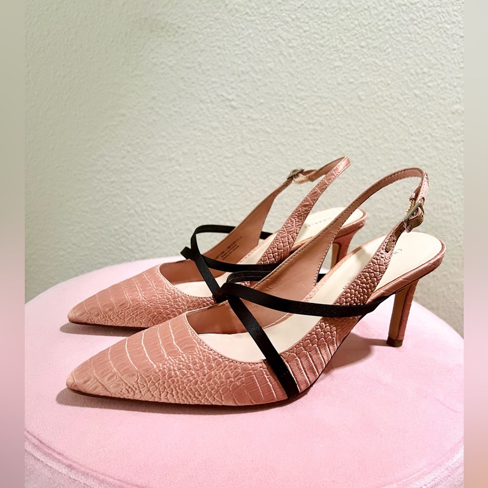 Chic Pink Embossed Slingback Heels with Black Strap
